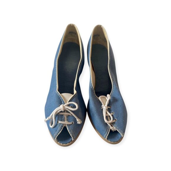 Vintage Blue Canvas Peep Toe Heels w/ Lace-Up Front | Stacked Heel | Size 7 - Picture 2 of 10
